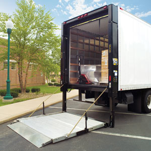 Box truck liftgate opened for pallet delivery and cargo loading